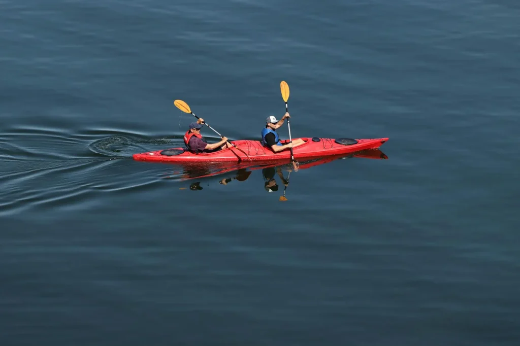 Kayak on a calm lake ready for paddling