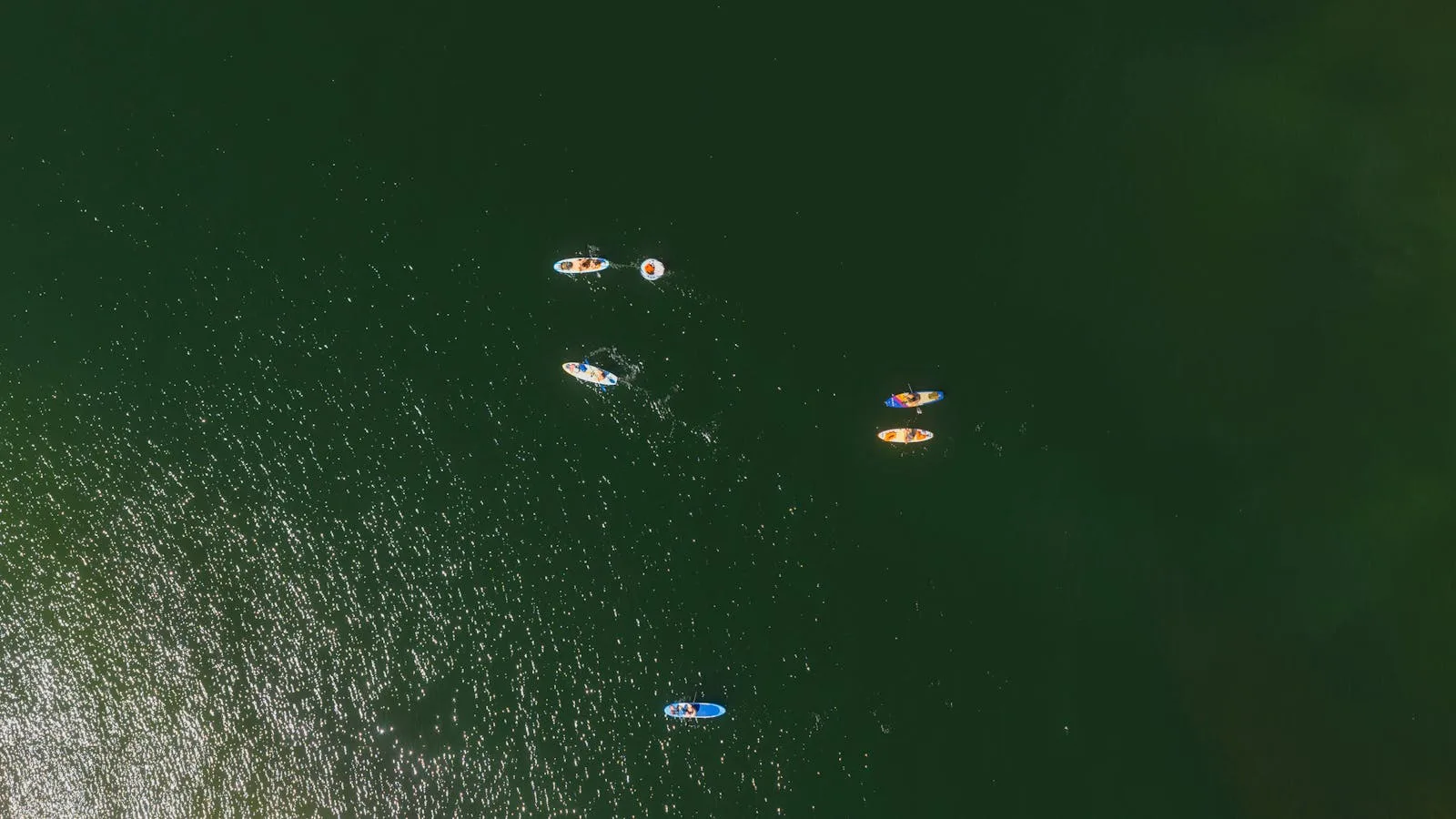 Aerial view of paddleboarders practising turning strokes on calm green water