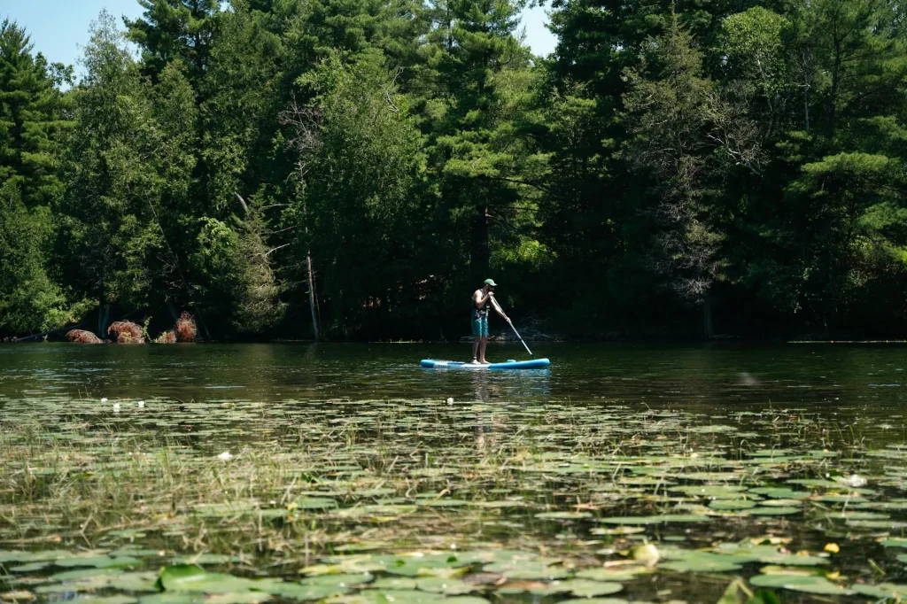 Person standing on a paddleboard on calm water
