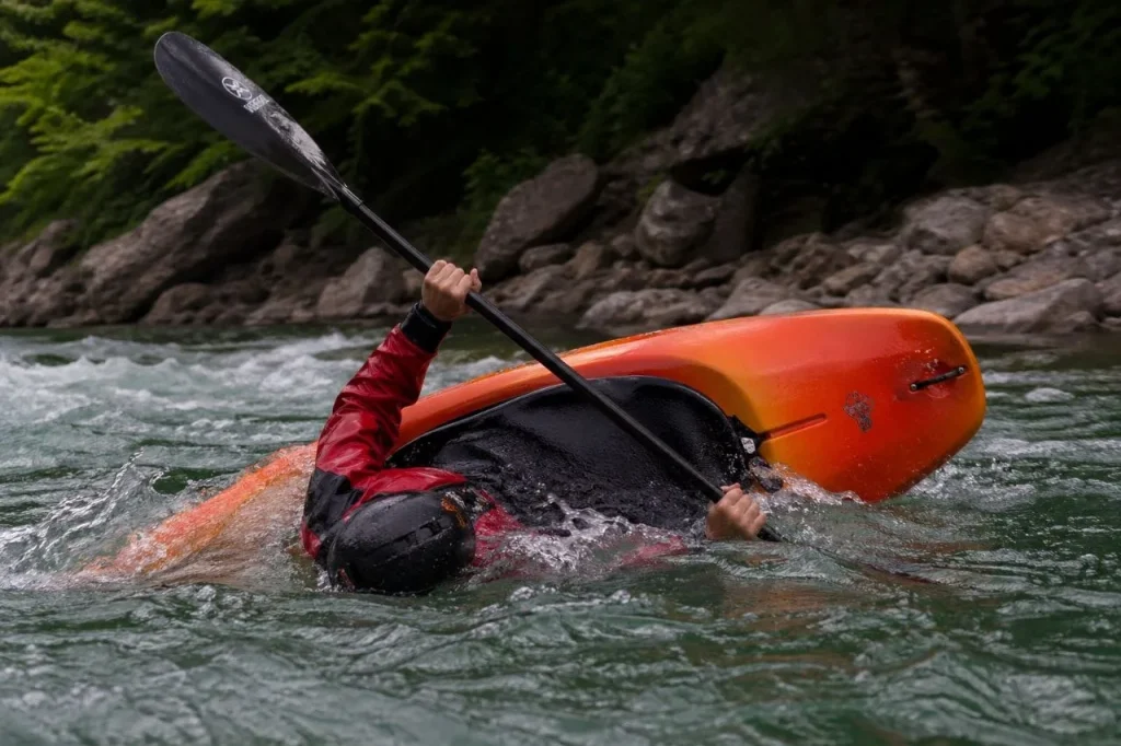 Kayaker mid-capsize in an orange whitewater kayak on a river