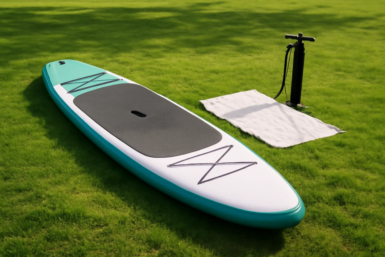 Inflatable paddleboard drying on grass before storage