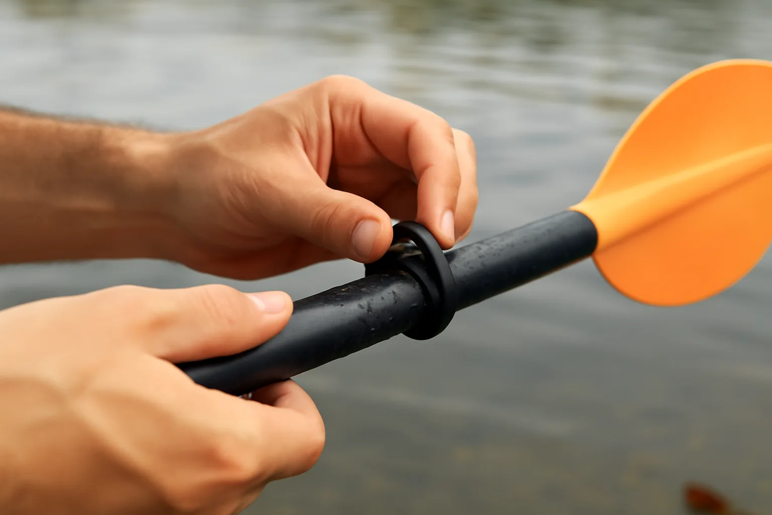 Black drip guard being fitted onto a kayak paddle shaft beside the water
