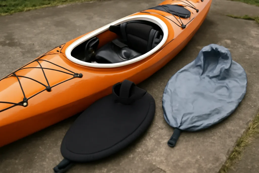 Kayak cockpit with neoprene and nylon spray decks laid beside it