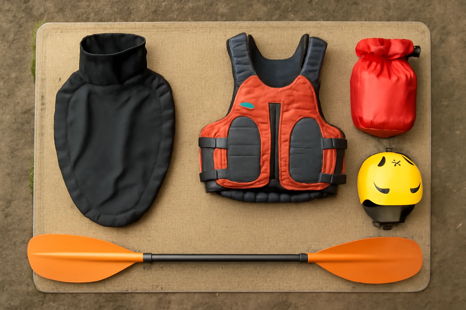 Kayak safety kit flat lay with spray deck buoyancy aid dry bag helmet and paddle