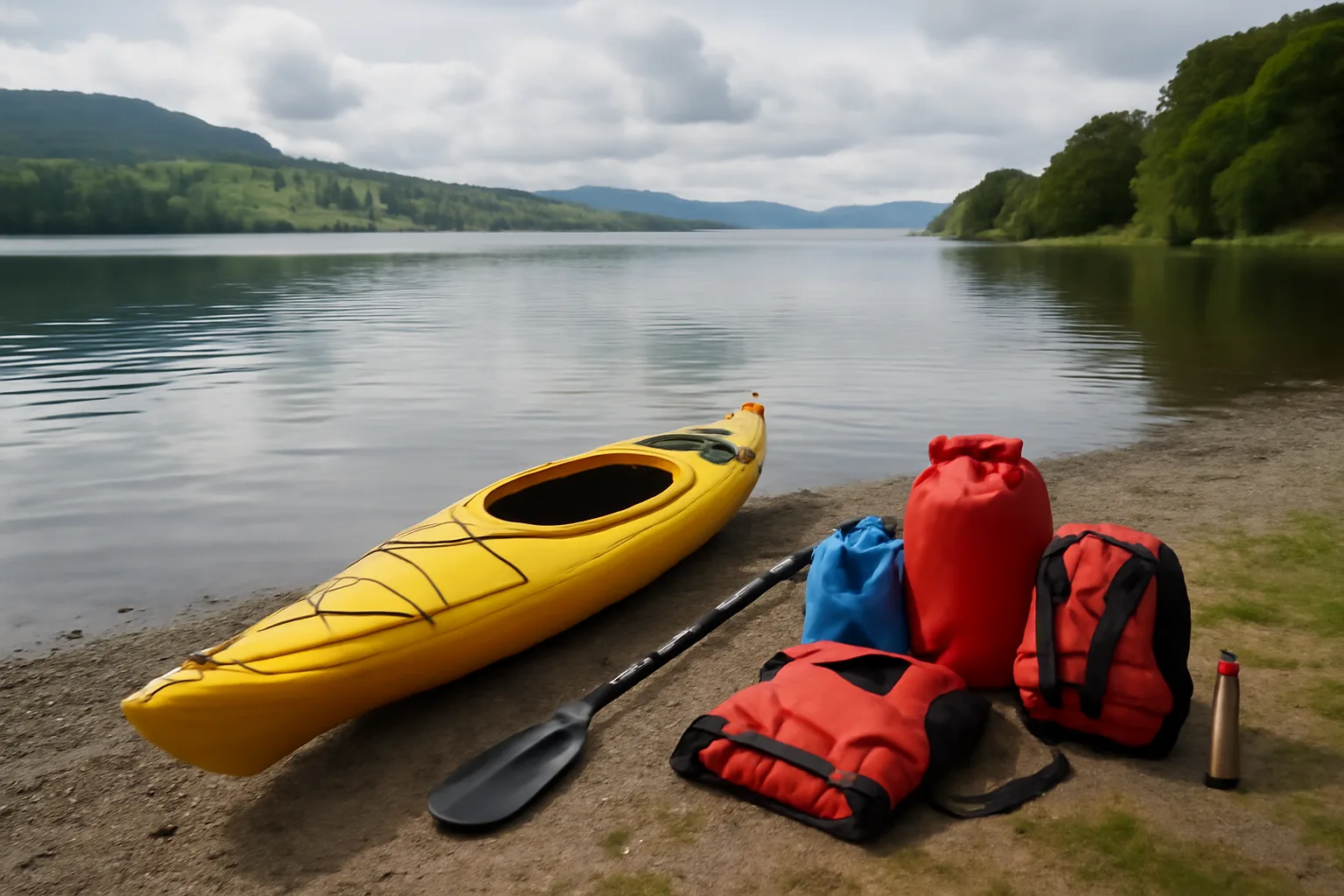 Kayak gear and dry bags laid out for a weight limit check