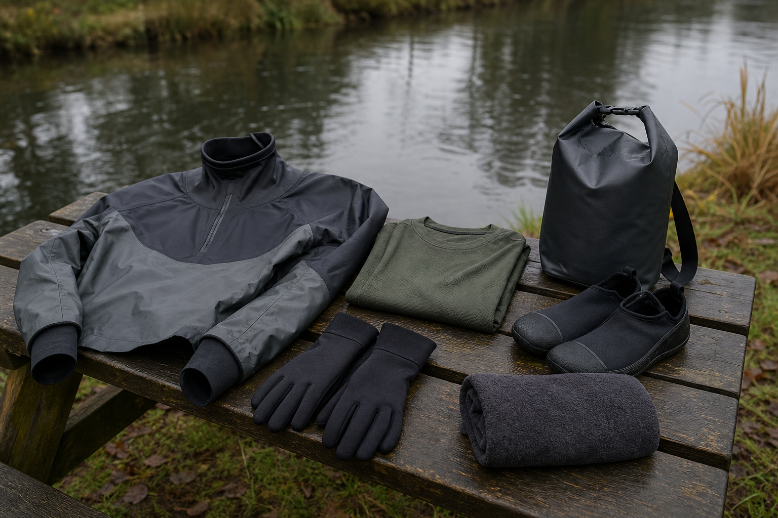 Cold weather kayaking clothing with dry bag gloves and water shoes