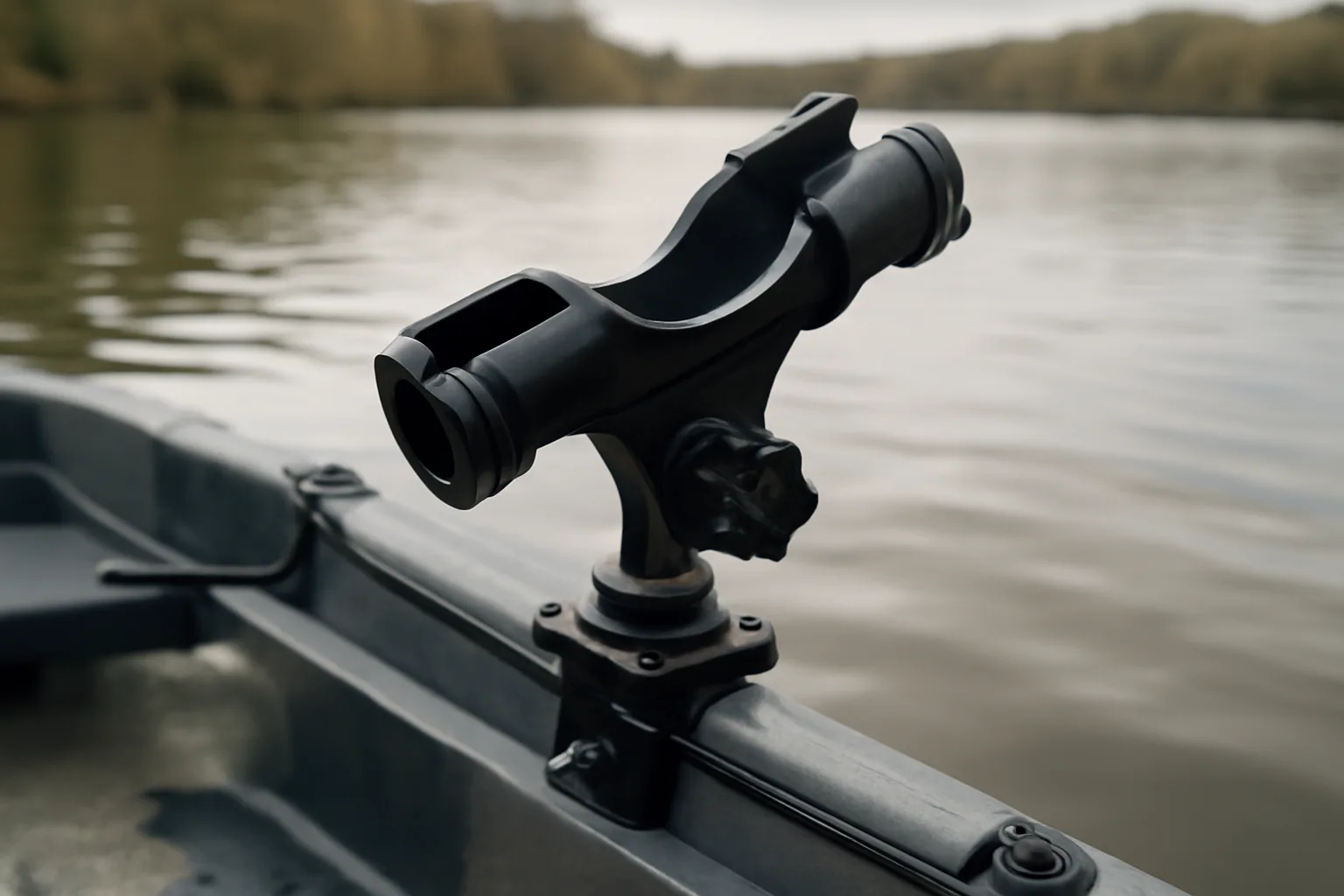 Mounted fishing rod holder on a kayak for hands-free paddling