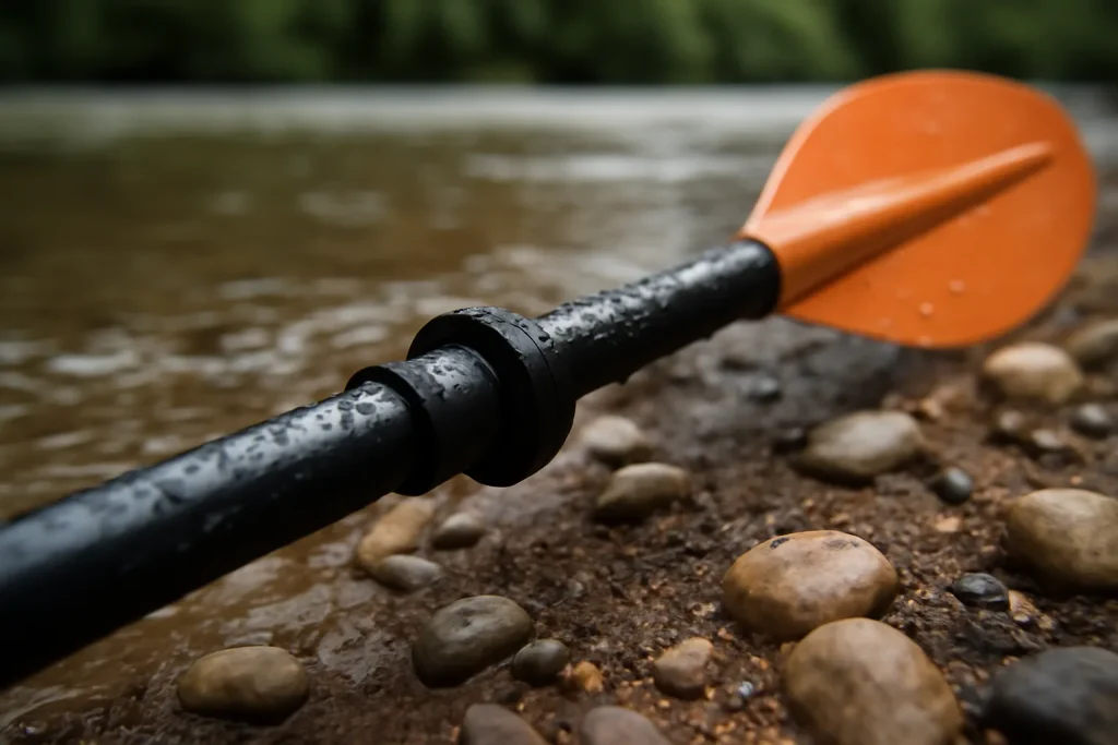 Close-up of black paddle drip guards on a wet kayak paddle shaft