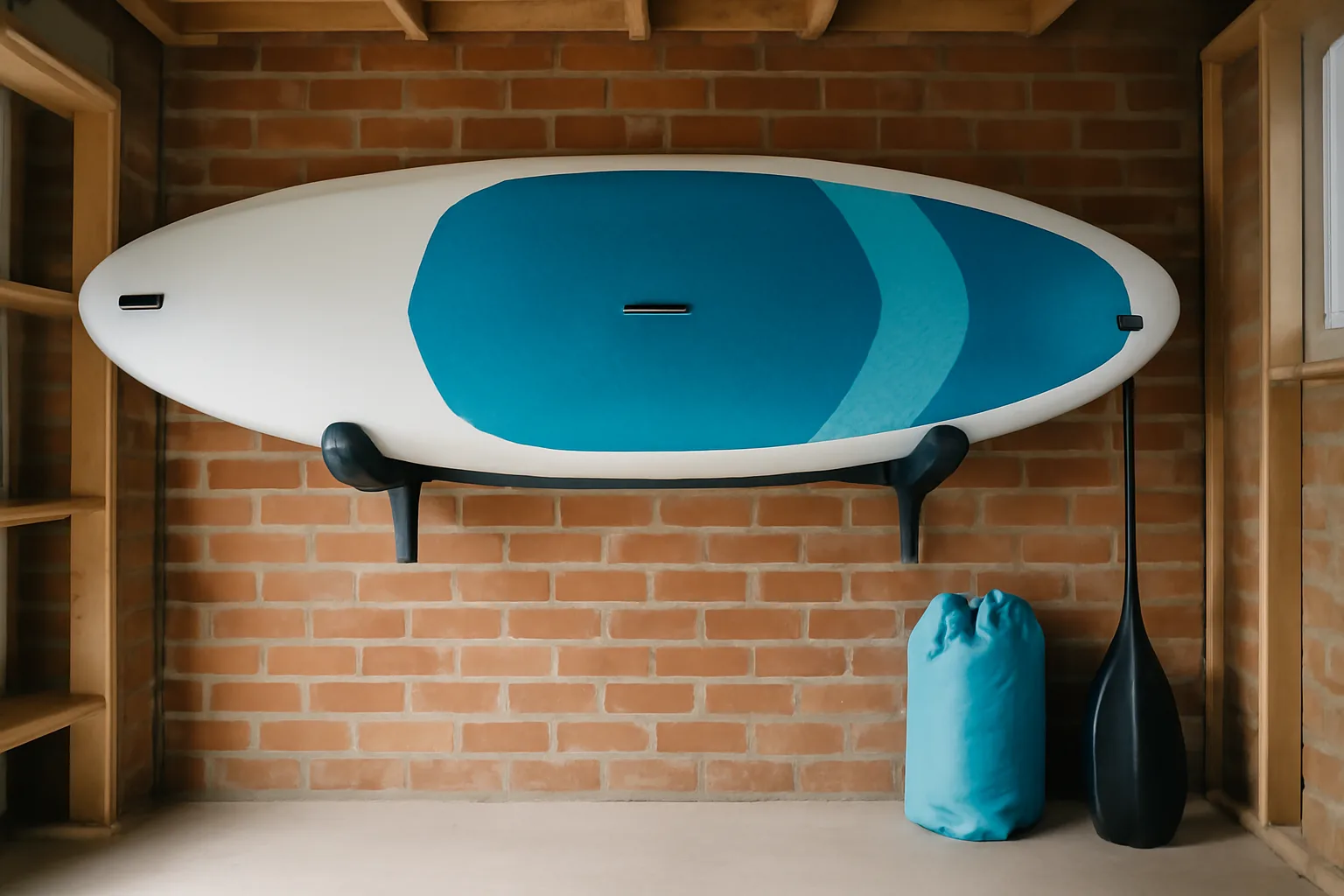 Paddleboard stored on a padded garage wall rack