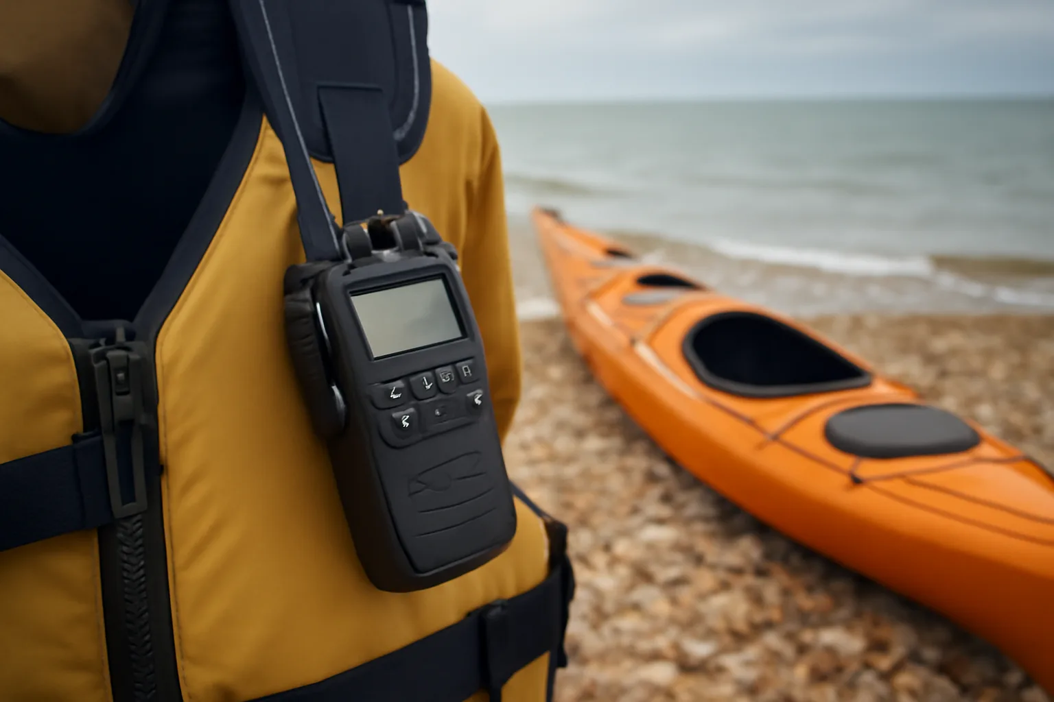VHF radio clipped to a paddling buoyancy aid