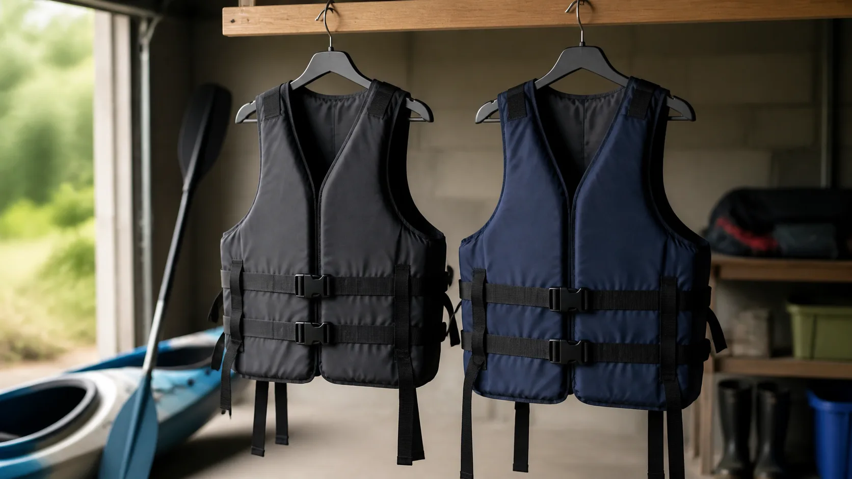 Two buoyancy aids hanging to dry before storage