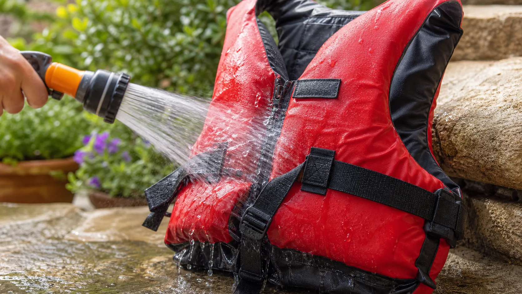 Buoyancy aid being rinsed after a paddling session