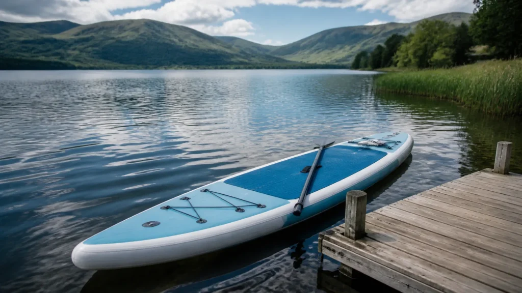 Touring paddleboard on calm lake water for UK distance paddling