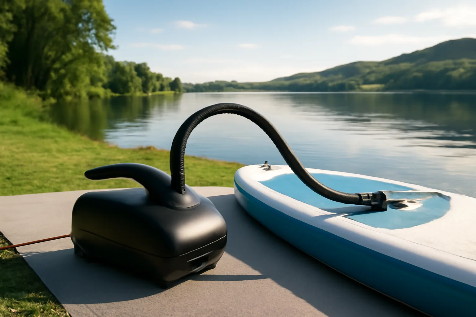 Electric paddleboard pump connected to an inflatable SUP valve