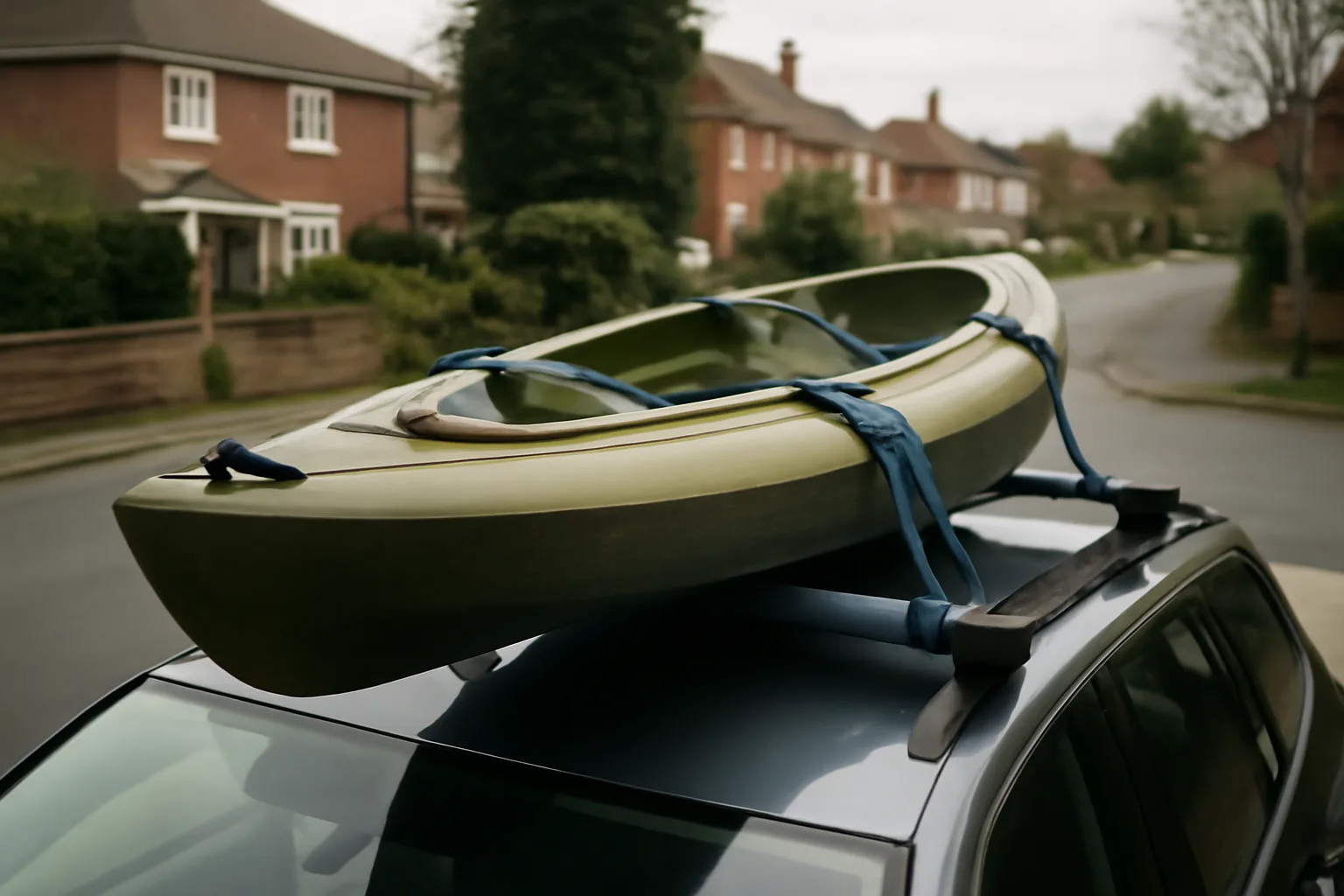 Kayak strapped securely to car roof bars