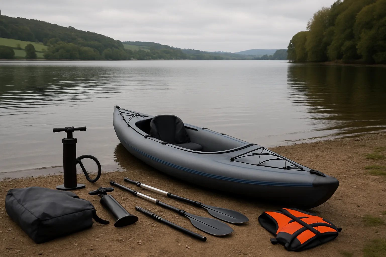 Inflatable kayak setup with pump paddle and buoyancy aid by a lake