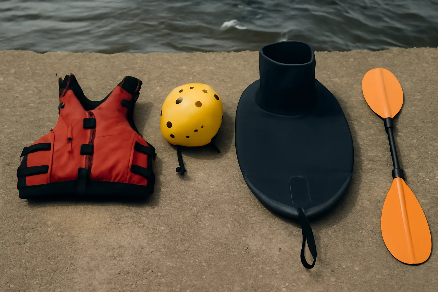 Kayaking buoyancy aid helmet and spray deck gear