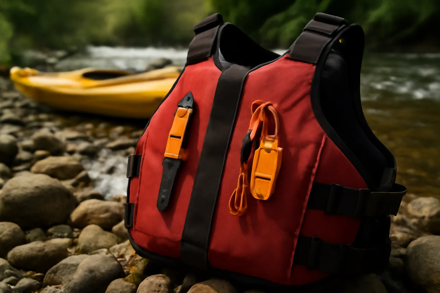 Kayak buoyancy aid with safety knife and whistle