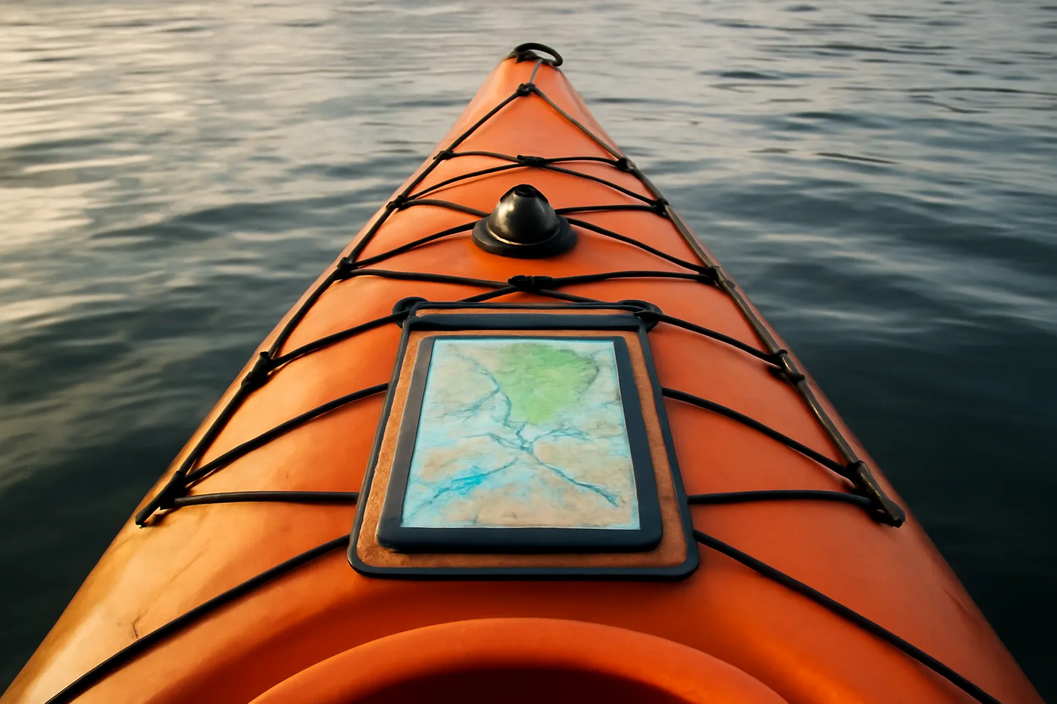Phone GPS map case secured on an empty kayak deck