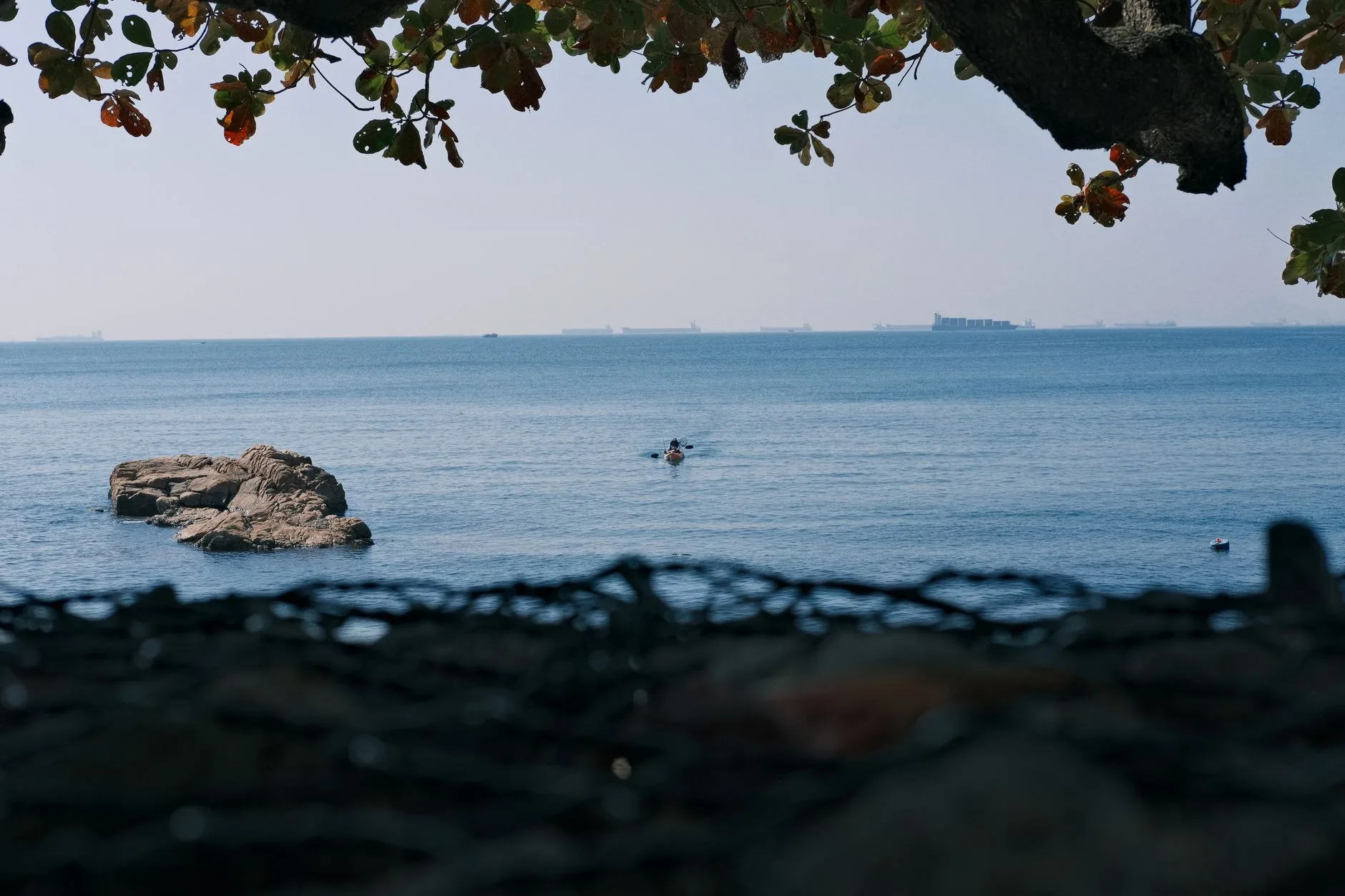Kayaker paddling on tidal coastal water with land visible