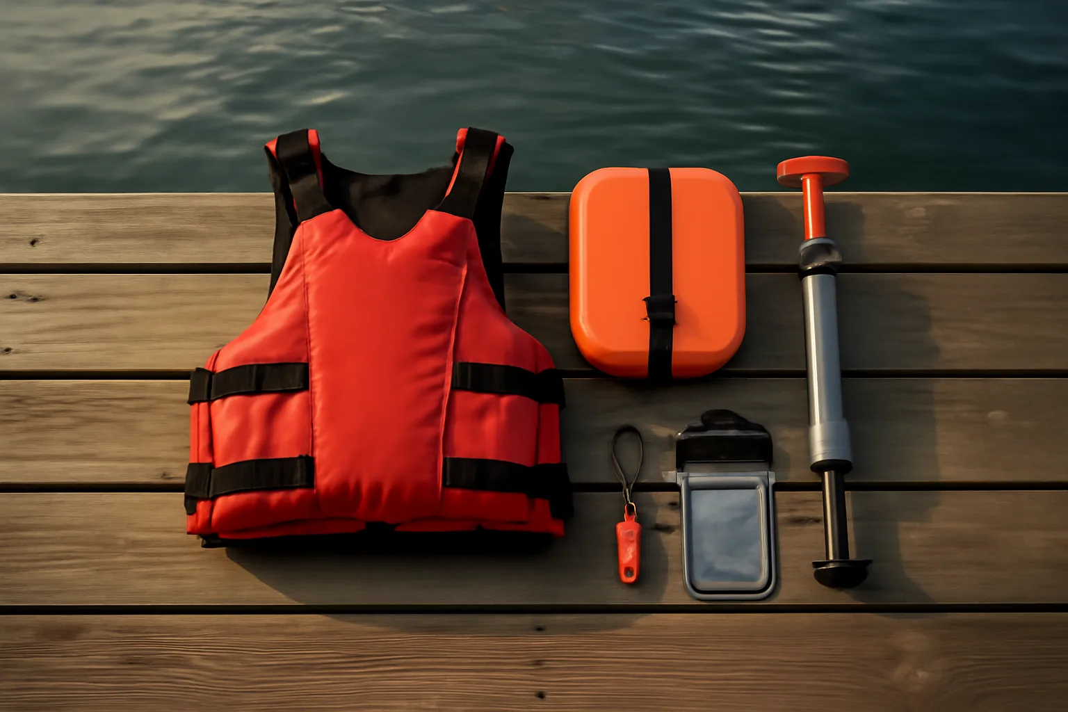 Kayak self rescue kit with buoyancy aid pump and phone pouch