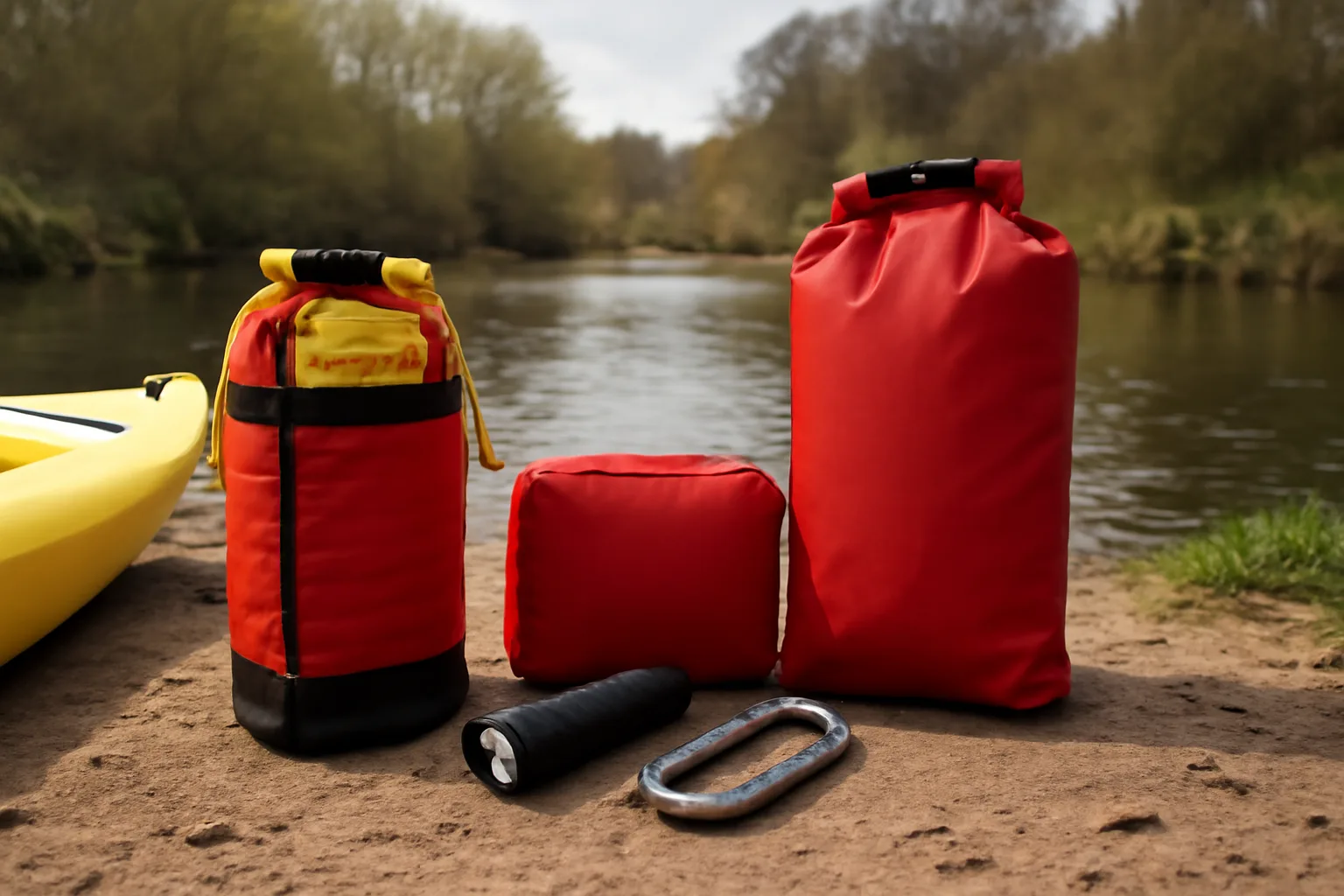 Kayak throwline first aid pouch and dry bag safety kit