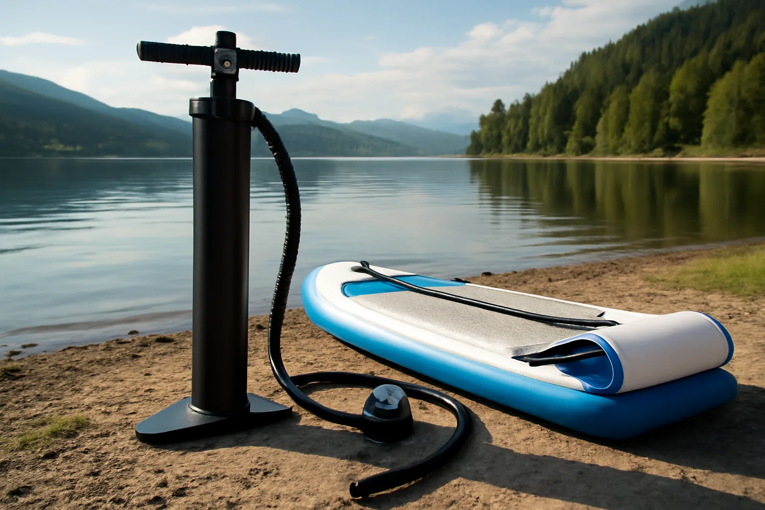 Manual paddleboard pump beside an inflatable SUP before launch