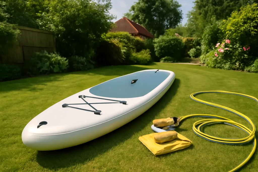Paddleboard care maintenance setup with rinse hose and soft brush