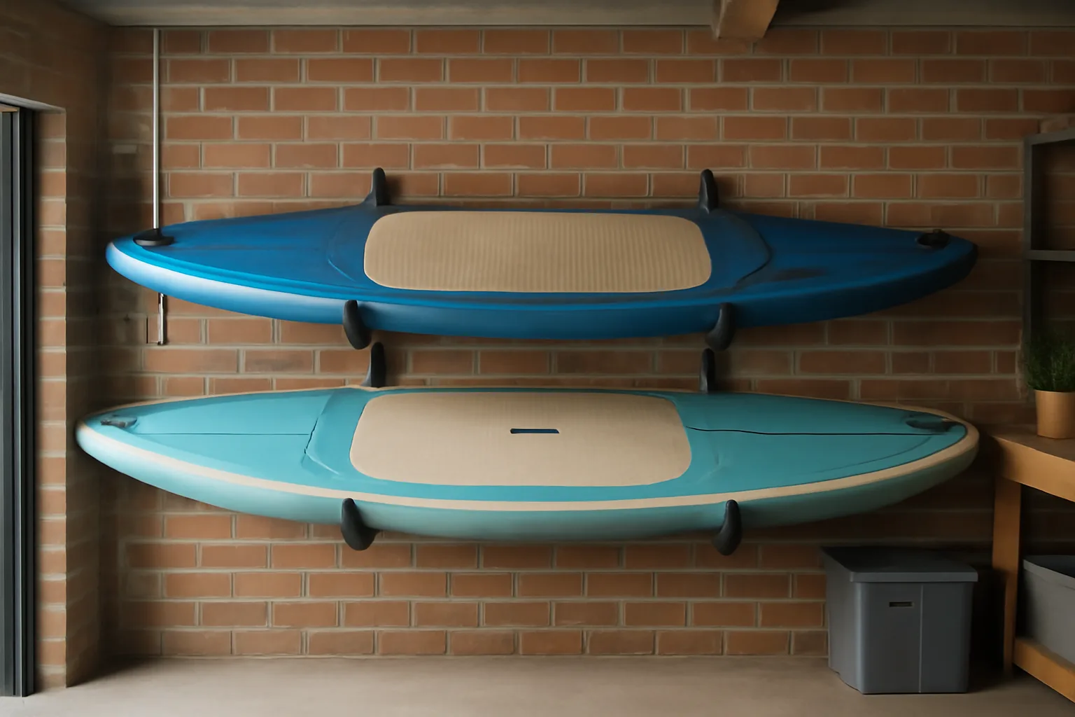 Paddleboards stored on padded garage wall racks away from heat