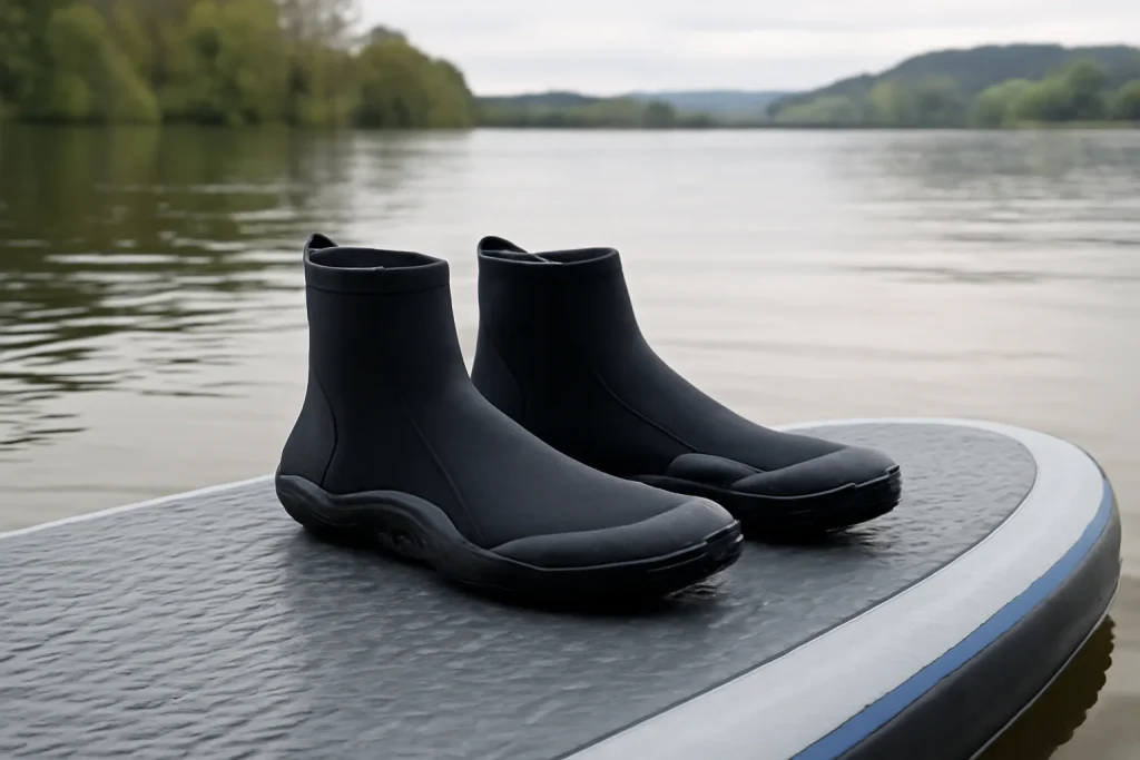 Neoprene paddleboarding shoes on a wet SUP deck