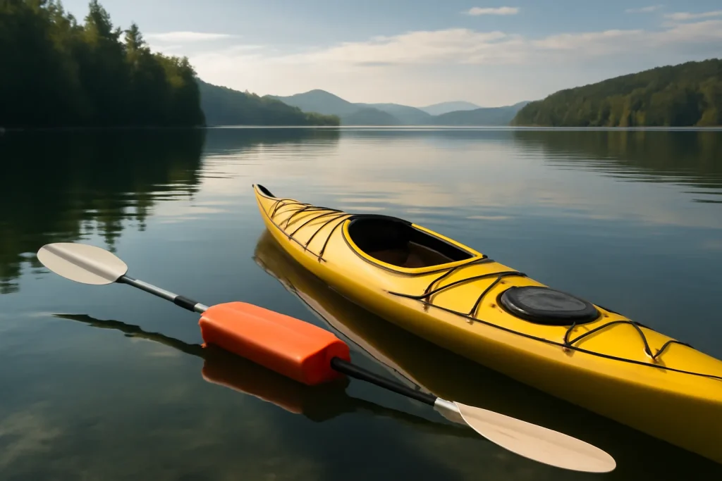 Kayak and paddle float set up for self rescue practice
