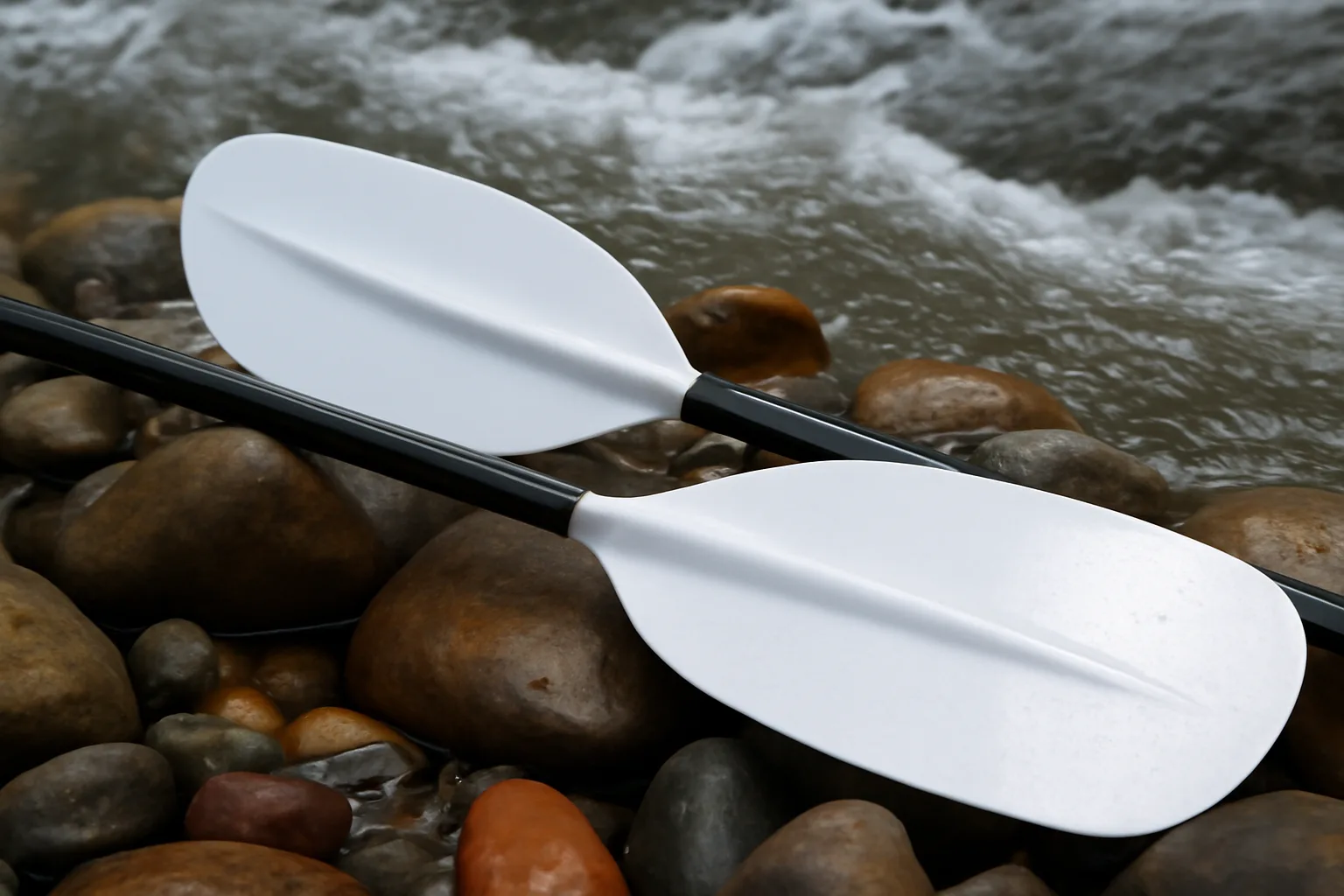 Unbranded reinforced whitewater paddle blades beside fast water