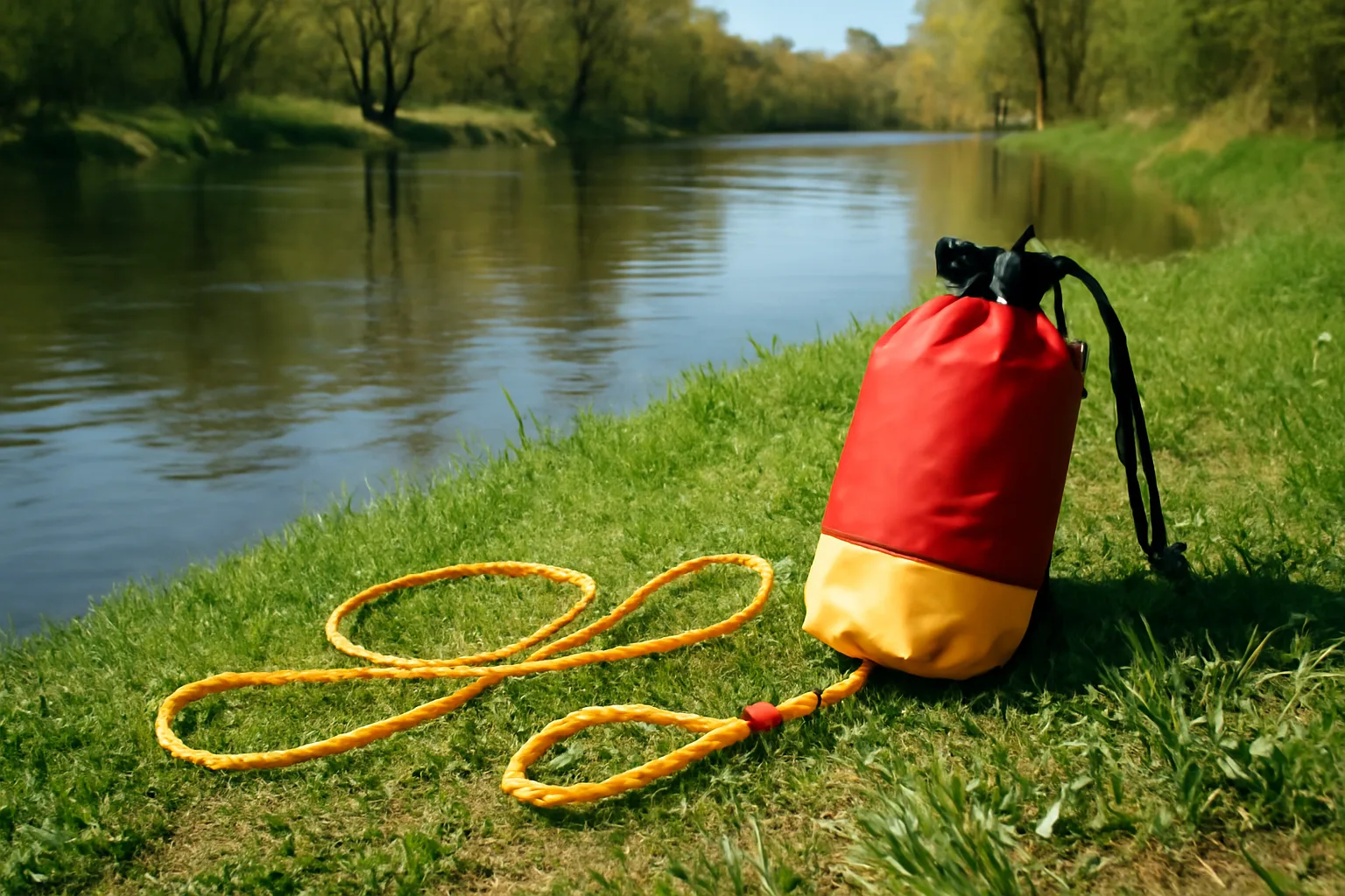 Rescue throw bag rope laid out for practice beside a river