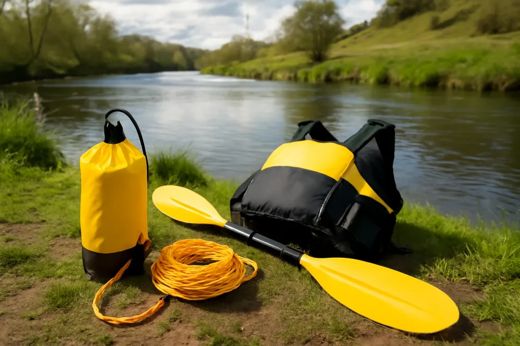 Rescue throw bag and paddling safety kit on a river bank