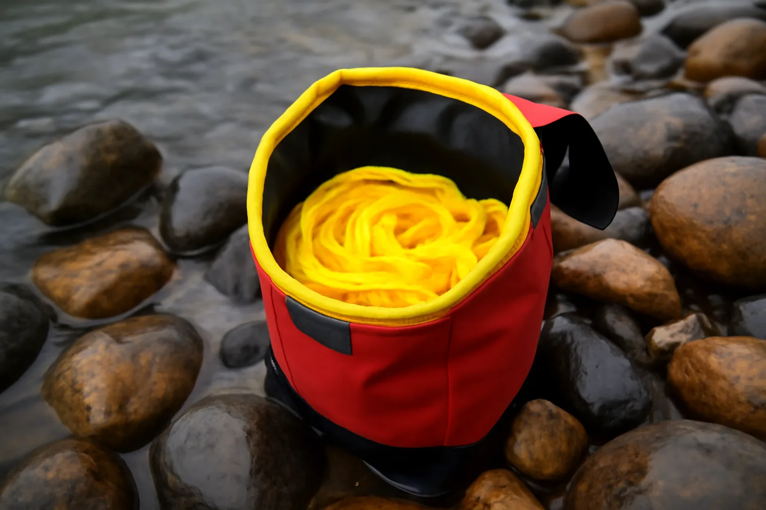 Open rescue throw bag showing floating rope inside