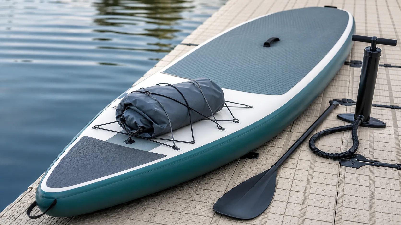 Touring paddleboard deck with dry bag and cargo bungees