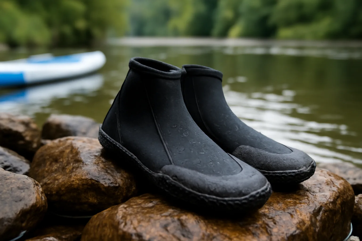 Water shoes on wet rocks at a paddleboarding launch
