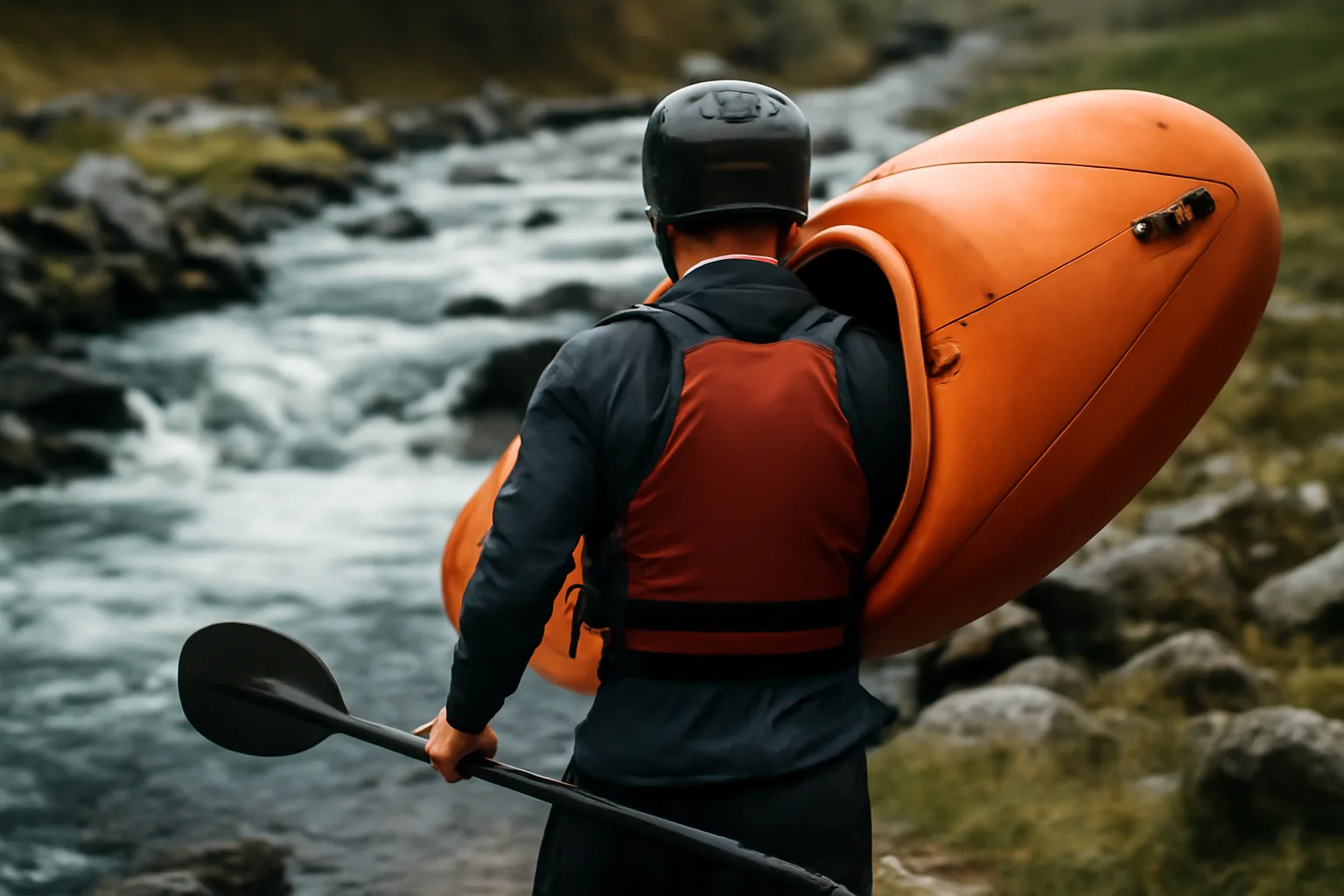 Kayaker carrying a paddle beside a rocky whitewater river