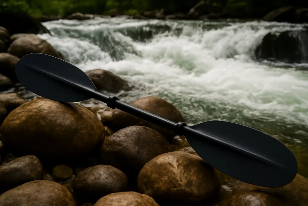 Reinforced whitewater kayak paddle on rocks beside rapids
